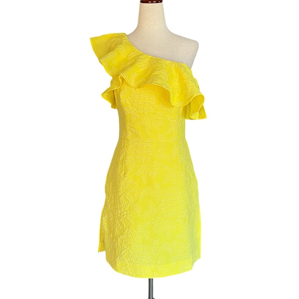 Lilly Pulitzer Kipton One-Shoulder Ruffled Romper pineapple jacquard fabric.